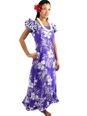 Pacific Legend Hawaiian Purple/White Hibiscus Ruffle Sleeve/Hem Maxidress